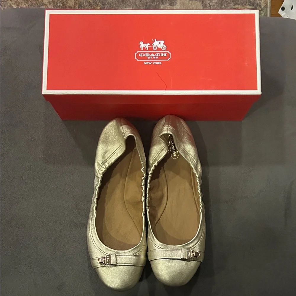 Coach Women's Metallic Gold Ballet Flats with Logo Buckle - Picture 3 of 4